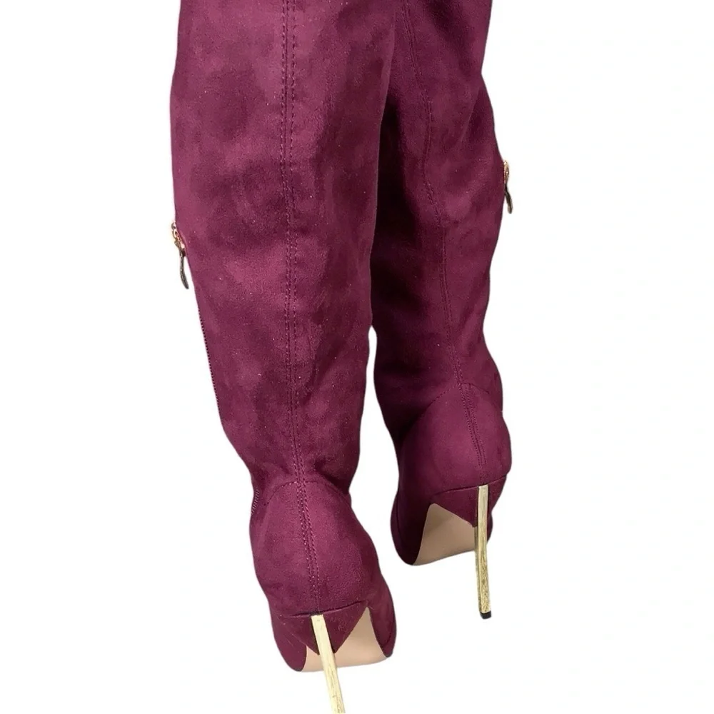 Woman’s over the Knee Maroon Suede Gold Heel Boots size 6 NWOB